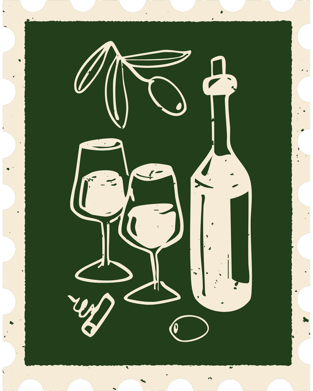 Hand-drawn postage stamp of wine glasses, a bottle and an olive branch