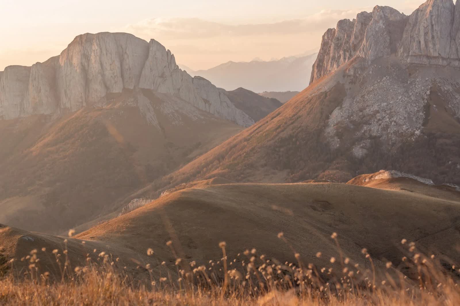 Golden light on a mountain ridge at sunset