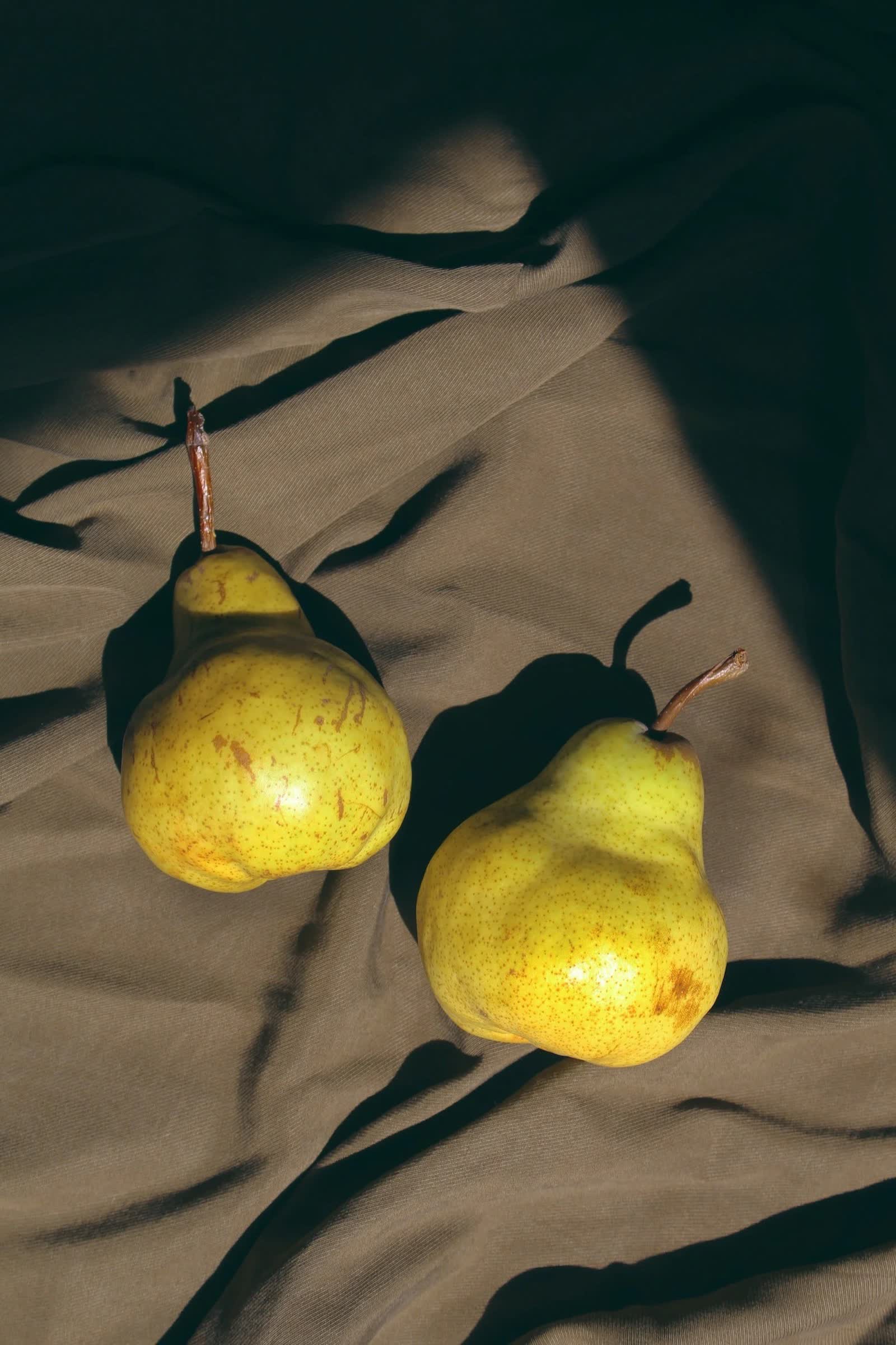 Two pears lit dramatically on dark fabric