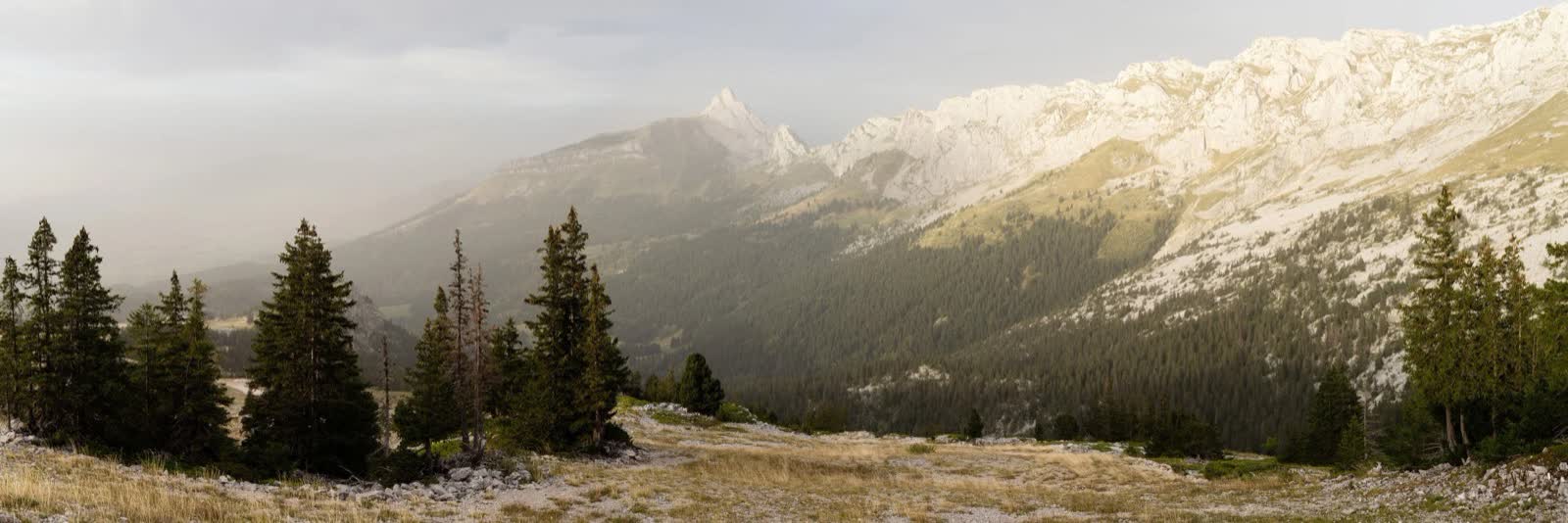 A mountain ridge bathed in low sunlight